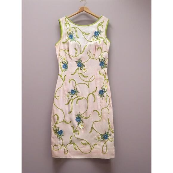 1950s Minx Modes Vintage Garden Cocktail Dress Pink Embroidered Floral Flower XS - Picture 2 of 16